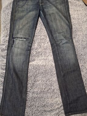 7 For all Mankind Women's Dark Blue Distressed Straight-Leg Jeans